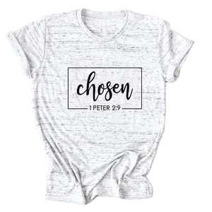 Detail view of the soft heather white fabric and 'chosen' graphic print on the t-shirt