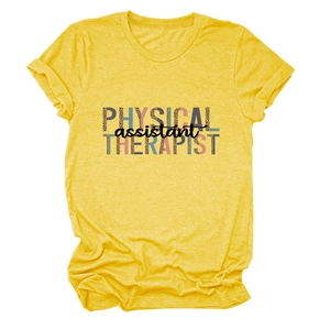 Detail of Physical Assistant Therapist leopard print typography on yellow cotton t-shirt