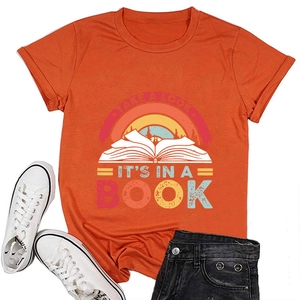 Detail of soft cotton orange T-shirt featuring retro rainbow book print and lettering