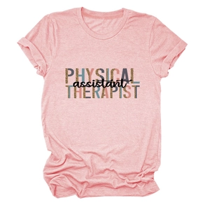 Detail of pink cotton T-shirt featuring leopard print Physical Assistant Therapist text