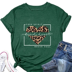 Flat lay of dark green T-shirt with leopard heart print and brave soul text design