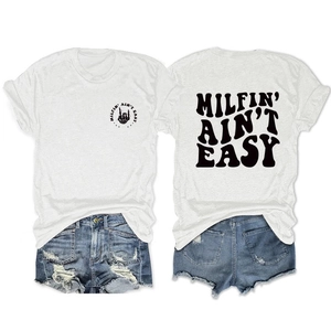 Front and back view of white cotton T-shirt with skeleton hand print and denim shorts