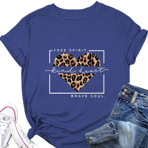 Detail of dark blue T-shirt with leopard heart print and side knot styling