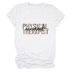 Detail of white cotton T-shirt featuring leopard print Physical Therapist graphics