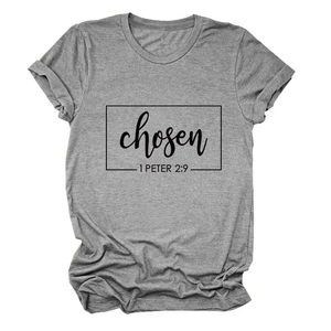Macro detail of 'Chosen 1 Peter 2:9' print on grey cotton crewneck short sleeve t-shirt
