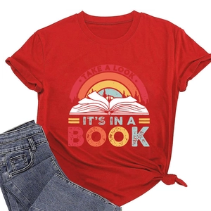 Close-up of retro rainbow and book print on a red cotton T-shirt with vintage text detail