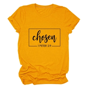 Detailed close-up of cotton texture and chosen 1 PETER 2:9 print on ginger t-shirt