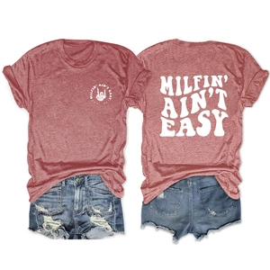 Flat lay view of front and back of the Milfin' Ain't Easy skeleton hand graphic tee