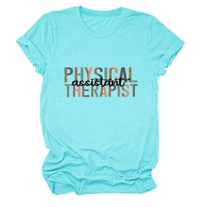 Detail of teal crew neck t-shirt with leopard print Physical Therapist Assistant text