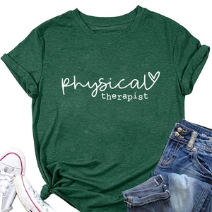 Detail of physical therapist print on dark green t-shirt with denim and sneakers