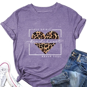 Detail of purple leopard heart t-shirt with Free Spirit text and knotted hem design