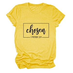 Detailed texture of ginger yellow cotton T-shirt with black Chosen 1 Peter 2:9 print