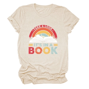 Detailed close-up of retro rainbow and book print on oatmeal casual t-shirt fabric
