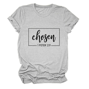 Close-up of light gray knit t-shirt featuring chosen 1 PETER 2:9 graphic print