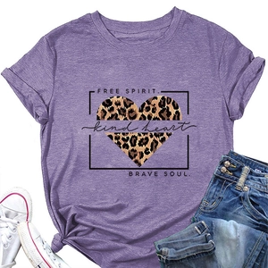Detail of purple cotton T-shirt featuring leopard heart print and side knot design