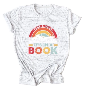 Close-up of retro rainbow and book illustration on grey cotton short-sleeve T-shirt