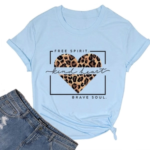 Detailed view of light blue cotton T-shirt with leopard heart print and brave soul text