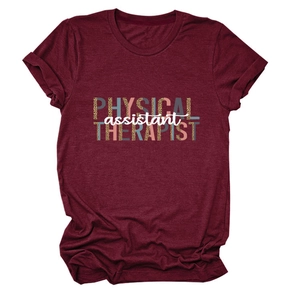 Detail of burgundy crewneck T-shirt with leopard print Physical Therapist text