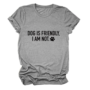 Detail of the high-quality cotton fabric and Dog Is Friendly print on this grey t-shirt