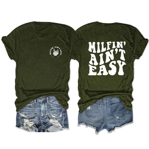 Front and back view of army green T-shirt with MILFIN' AIN'T EASY skull print