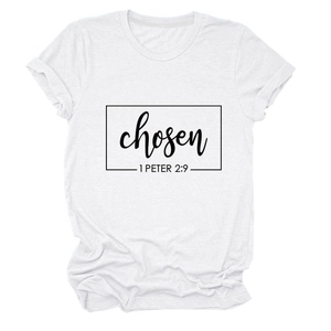 Detail view of the black frame print with chosen 1 Peter 2:9 text on white cotton T-shirt