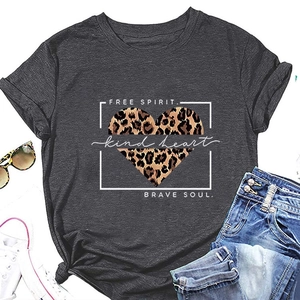 Close-up of charcoal grey T-shirt with leopard heart print and free spirit lettering