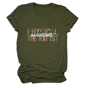 Close-up of olive green t-shirt with leopard print physical assistant therapist text