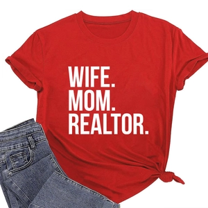 Detail of red T-shirt with white WIFE MOM REALTOR print and stylish side knot decoration