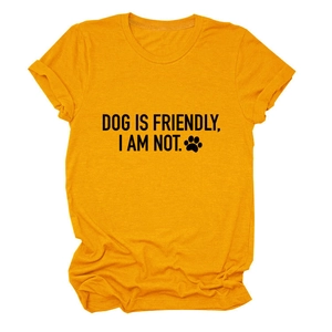 Detail of Dog Is Friendly slogan print on mustard yellow cotton crewneck t-shirt