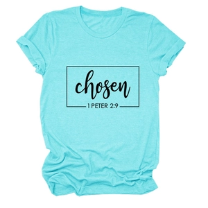 Detail of light blue crew neck T-shirt with chosen 1 Peter 2:9 print and rolled cuffs