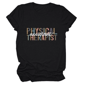 Detail of a black short-sleeve T-shirt with leopard print Physical Assistant Therapist text