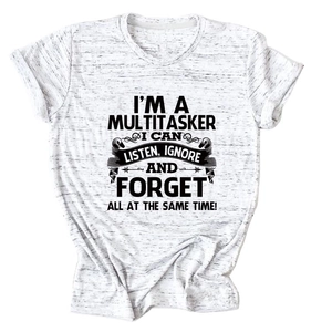 Detail of grey multitasker slogan print on loose fit cotton blend crewneck t-shirt