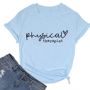 Detail of light blue physical therapist T-shirt with heart graphic and knotted hem accent