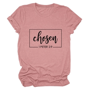 Detail of dusty rose T-shirt showing Chosen 1 Peter 2:9 print and rolled sleeve cuff