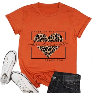 Orange T-shirt featuring a leopard heart and Free Spirit Kind Heart Brave Soul quote