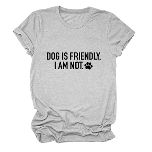 Close-up of gray cotton t-shirt with Dog Is Friendly I Am Not letter print and paw icon
