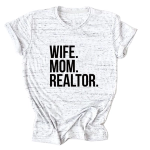 Close-up of WIFE MOM REALTOR bold print on heather grey crewneck cotton blend t-shirt