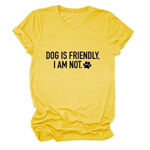 Detailed flat lay of yellow heather T-shirt with 'DOG IS FRIENDLY' print and crew neck