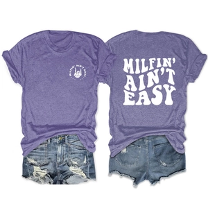 Heather purple t-shirt featuring skull hand print and Milfin' Ain't Easy slogan on back