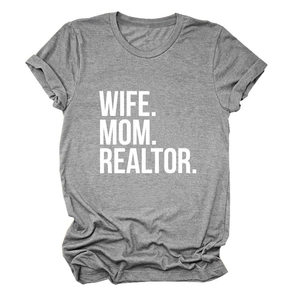 Detail of grey marl t-shirt fabric featuring white WIFE MOM REALTOR bold lettering