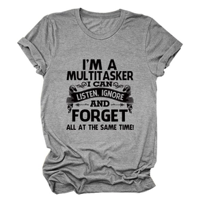 Detail of grey crewneck t-shirt featuring I'm a multitasker printed graphic text