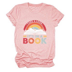 Close-up of vintage rainbow and book print on pink heather cotton blend t-shirt