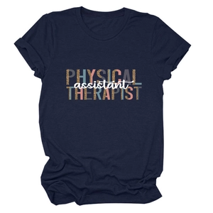 Detail of navy blue t-shirt with leopard print Physical Assistant Therapist text