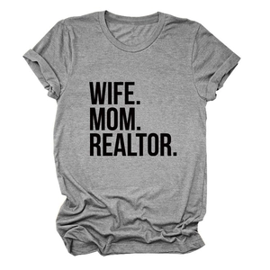 Detail of grey cotton T-shirt featuring bold WIFE MOM REALTOR black text print