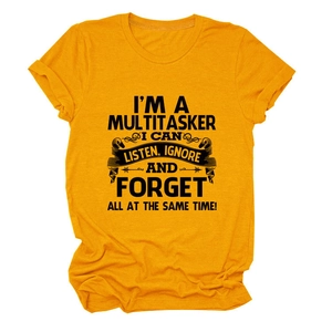 Detail of soft yellow cotton t-shirt featuring vintage multitasker slogan print
