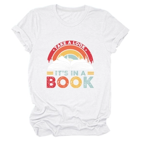 Close-up detail of Take a Look It's in a Book rainbow print on white cotton t-shirt