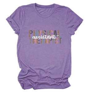 Detail showing high-quality purple fabric and Physical Therapist Assistant print on T-shirt
