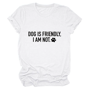 Detailed view of white cotton T-shirt featuring DOG IS FRIENDLY black text and paw print