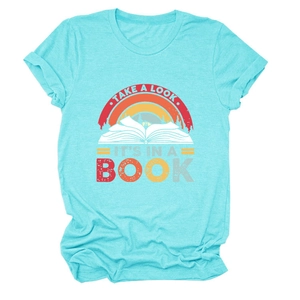 Close-up of vintage Take a Look It's in a Book print on teal cotton blend t-shirt