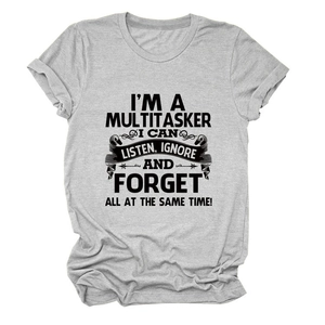 Close-up of funny slogan on gray cotton T-shirt with rolled cuffs and crew neck detail